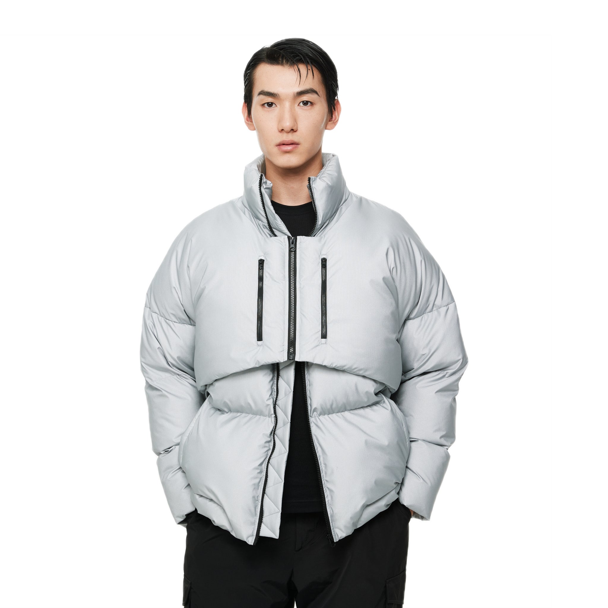 UNAWARES Sliver Metallic Fake Two-pieces Vest Padded Jacket | MADA IN CHINA