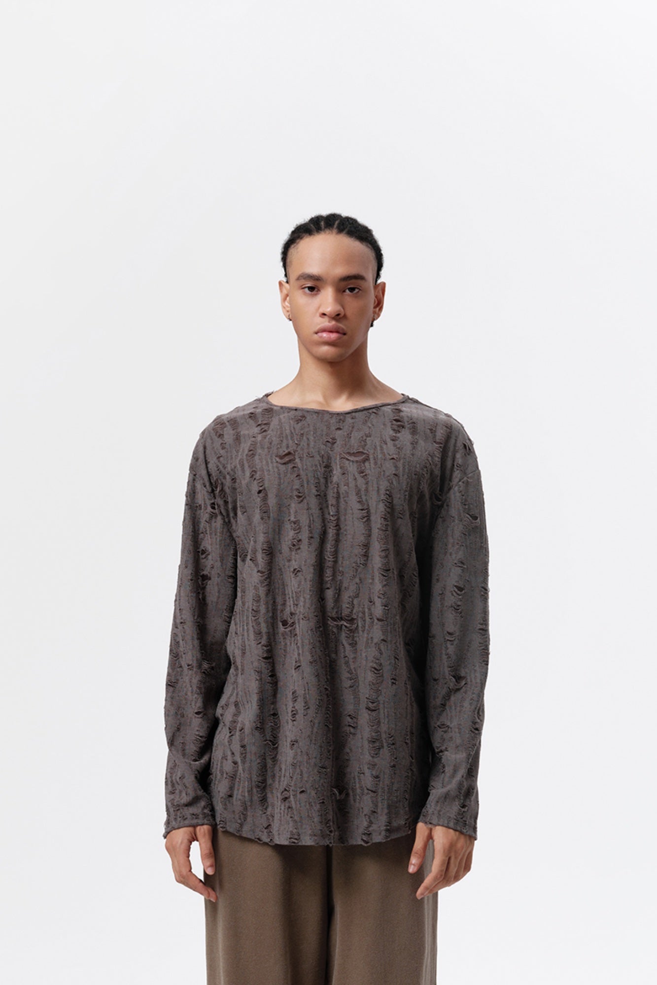 VANN VALRENCÉ Smoky Brown Hollow-out Thin T-shirt | MADA IN CHINA