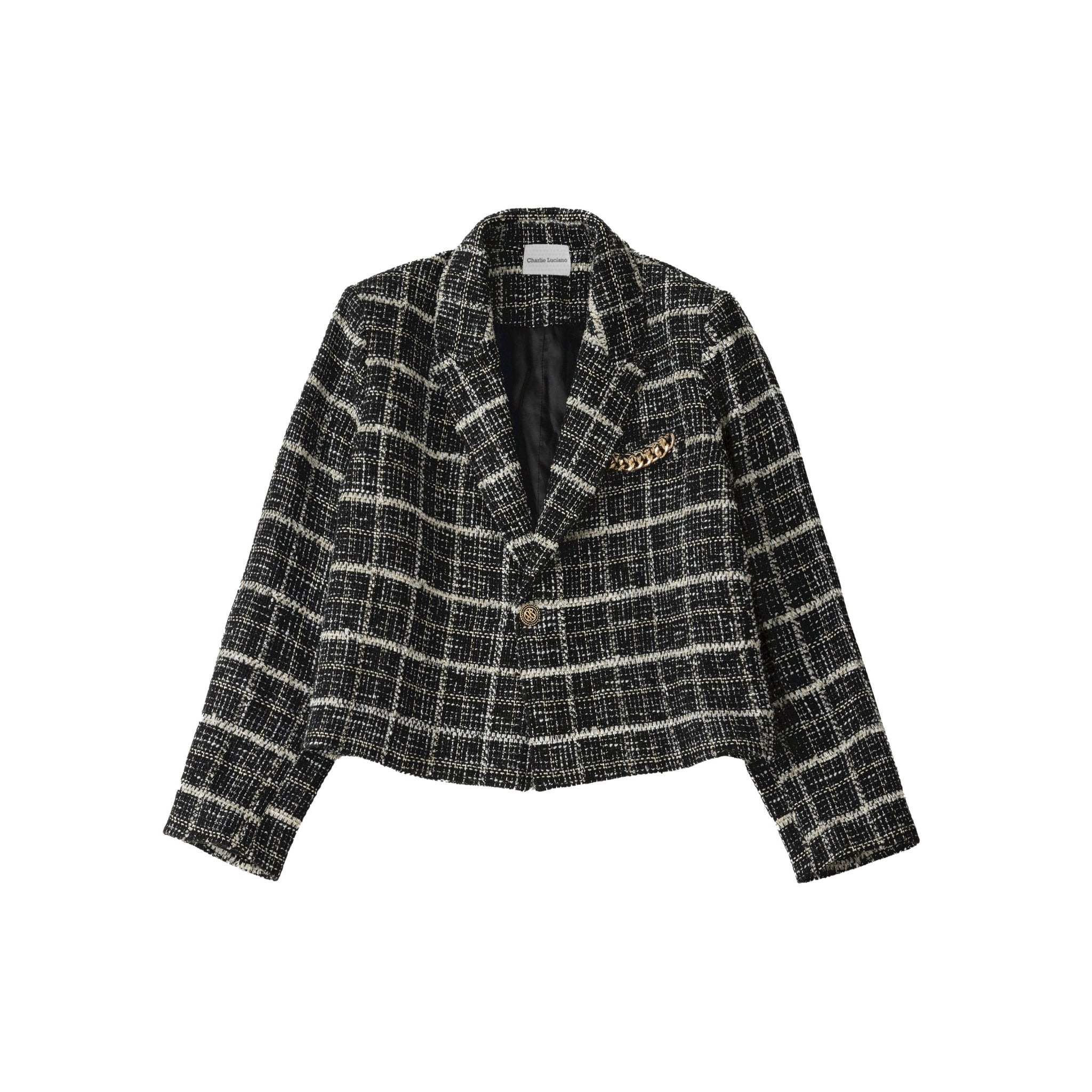 Charlie Luciano Tweed Cropped Blazer Jacket Black