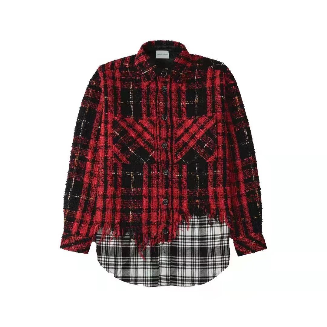 CHARLIE LUCIANO Tweed Patchwork Overshirt Red | MADA IN CHINA