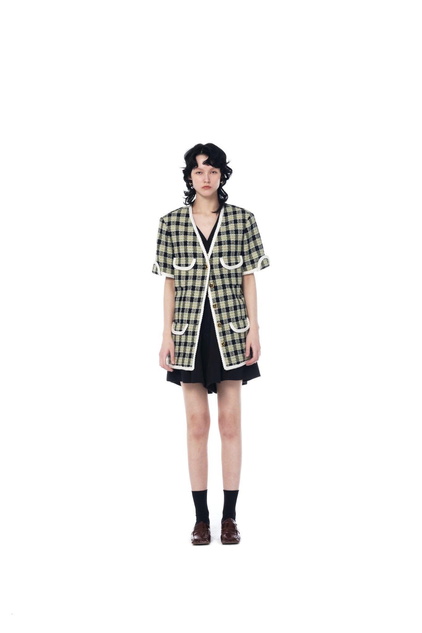ICE DUST V Neck Stitched Dress Green Checkered | MADA IN CHINA