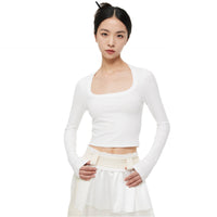 UNAWARES White Customized Inverted Triangle Buckle Square Collar Ribbed Long Sleeve T-Shirt | MADA IN CHINA