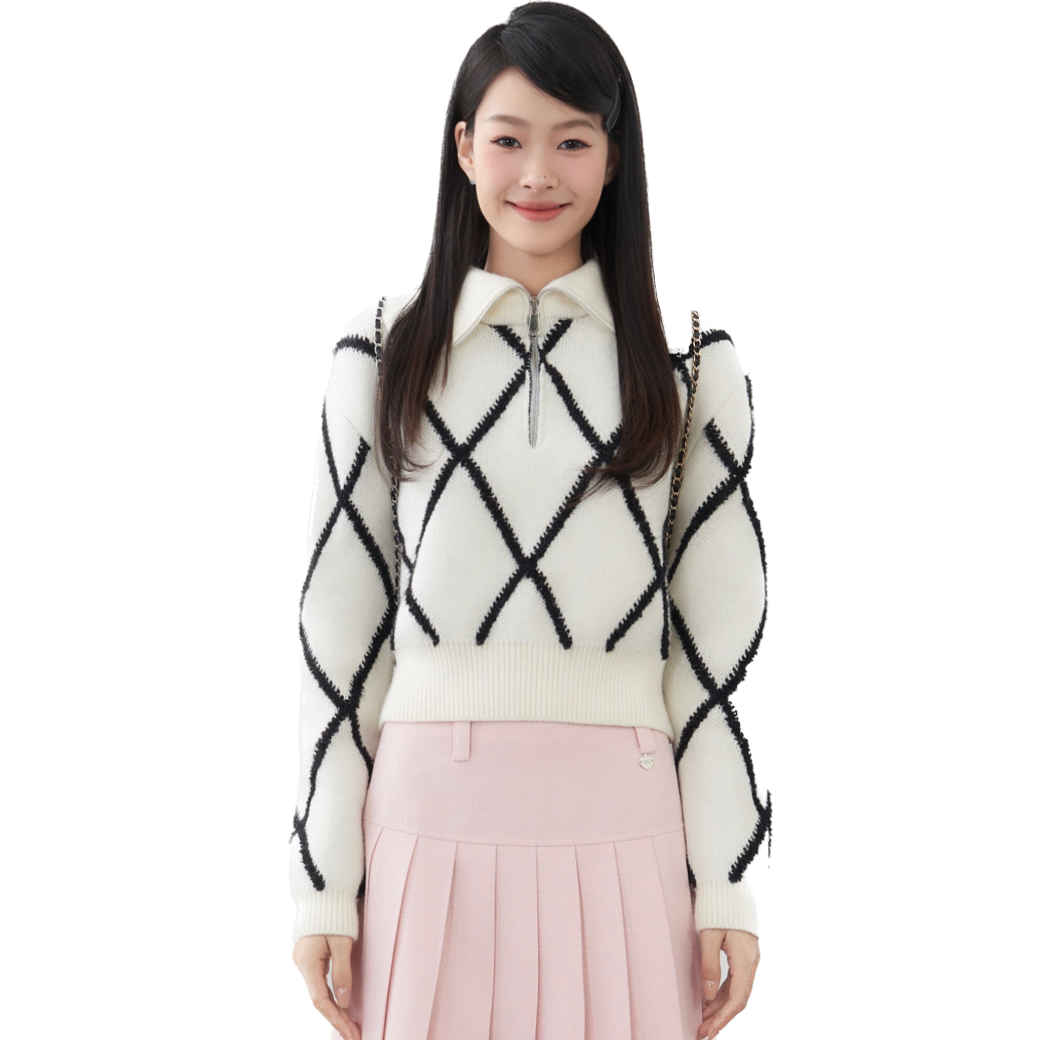 SOMESOWE White Diamond Checkered Zipper Sweater | MADA IN CHINA