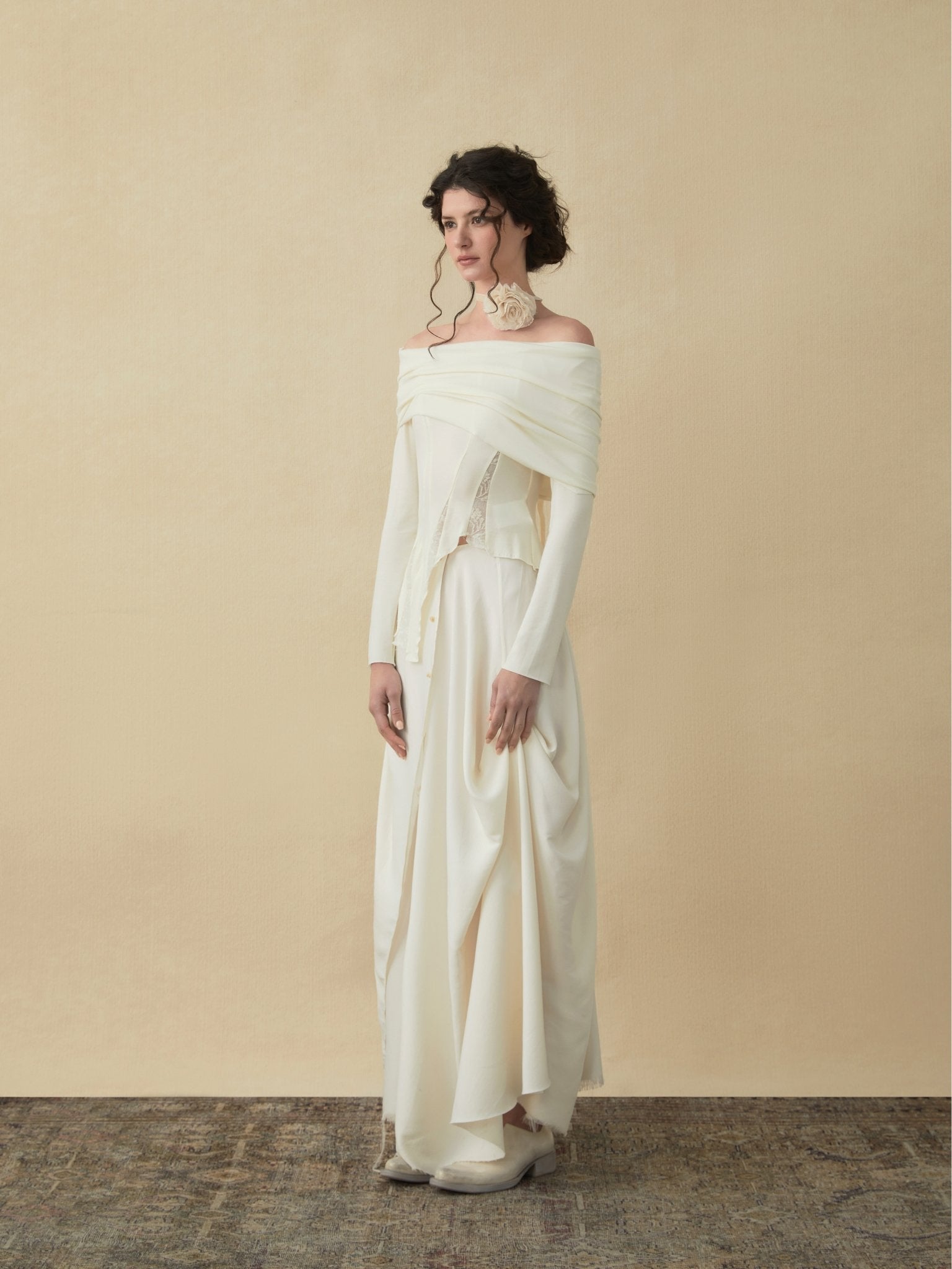 ELYWOOD White Drape Mid-Length Skirt With Button | MADA IN CHINA