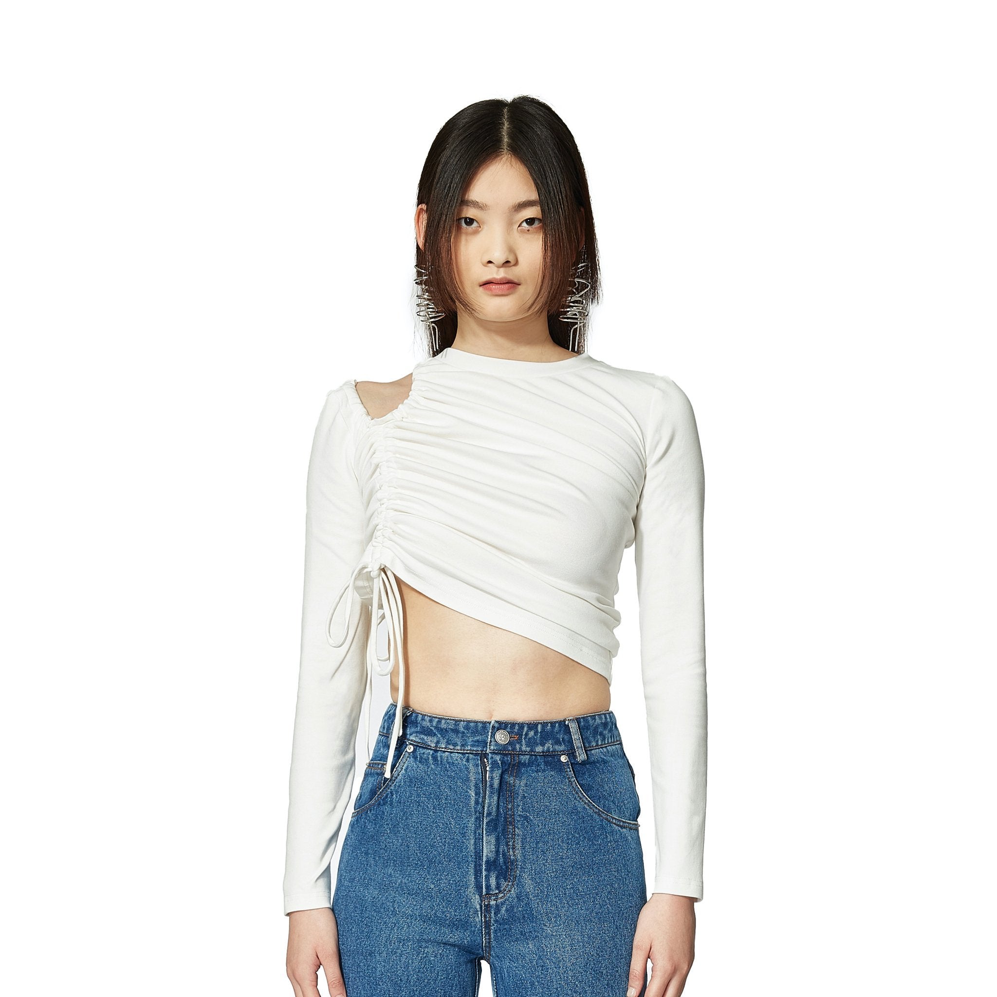MARRKNULL White Gathered Cut-Out Long Sleeve Tee | MADA IN CHINA