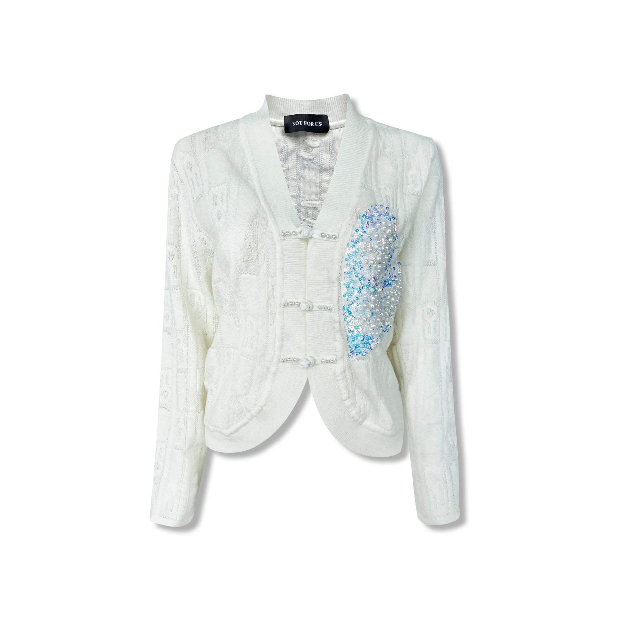 NOT FOR US White Heart Decoration Pearl Knit Jacket | MADA IN CHINA