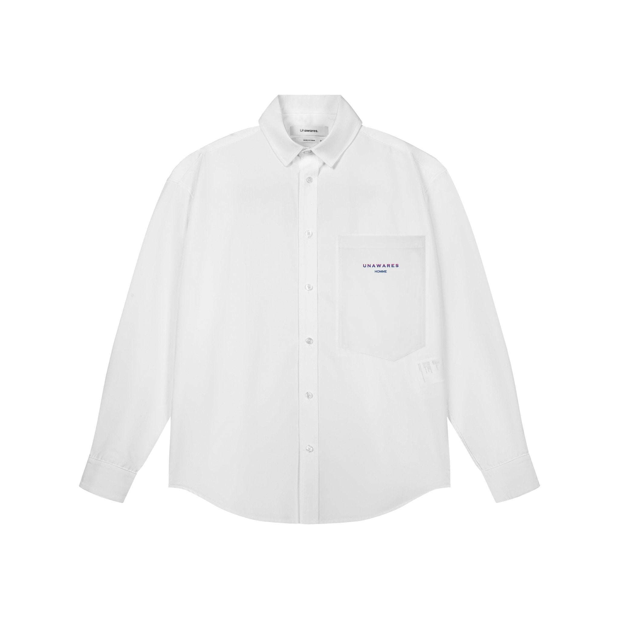 UNAWARES White Irregular Pocket Gradient Brush Embroidered Shirt | MADA IN CHINA