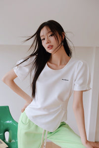 AIMME SPARROW White Irregular Waist Puff Sleeve Short Sleeve Top | MADA IN CHINA