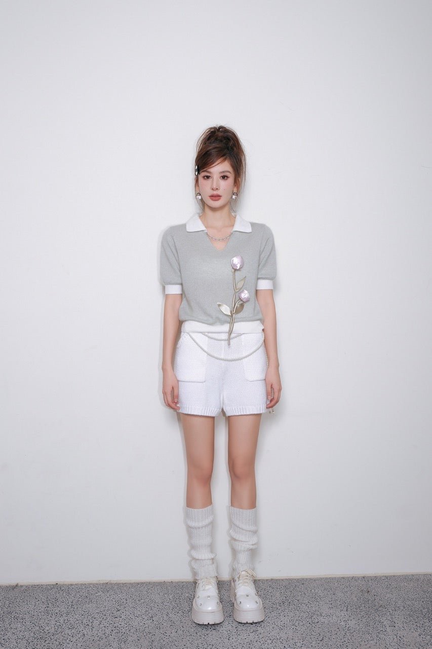 DIANA VEVINA White Knit Pocket Shorts | MADA IN CHINA