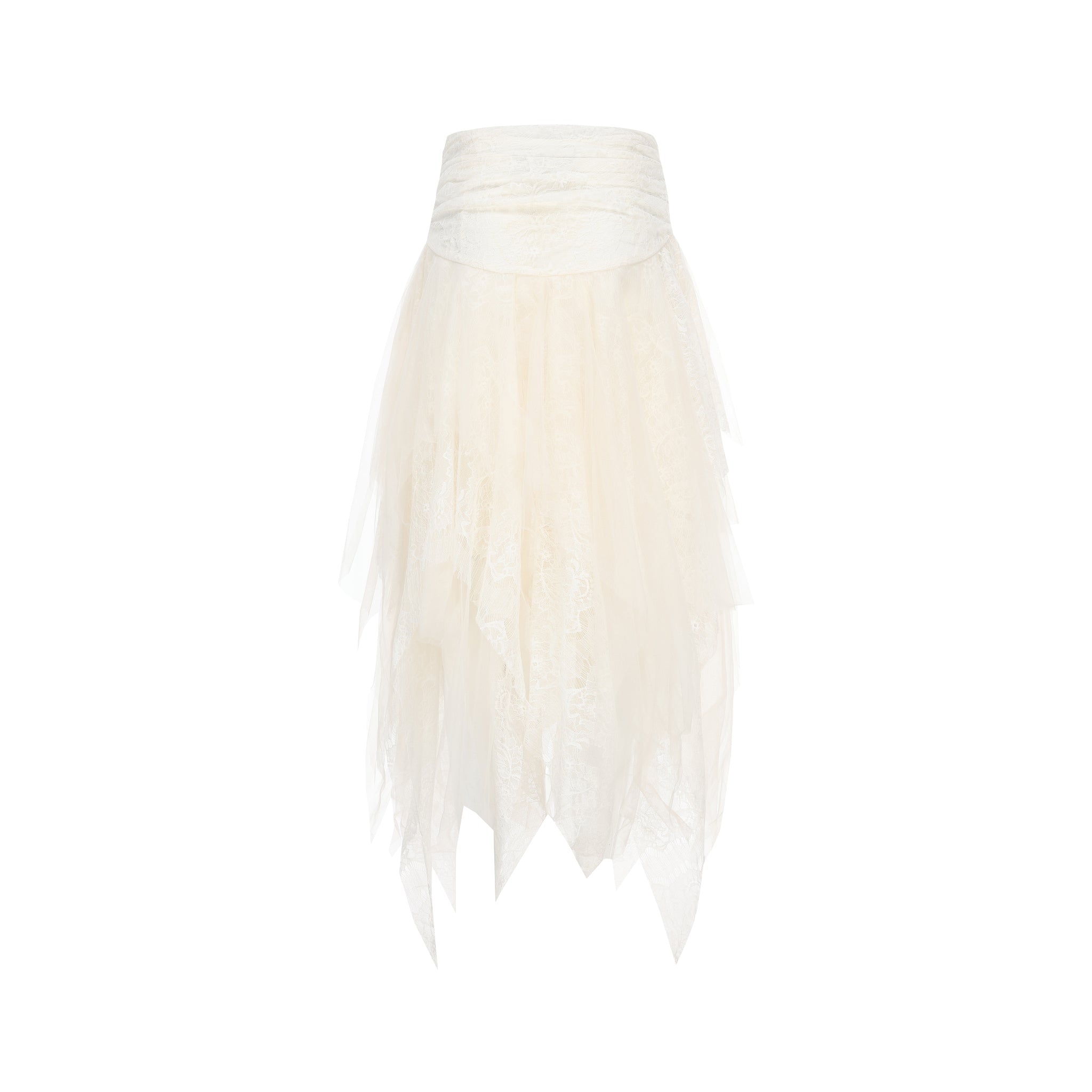 ELYWOOD White Lace Asymmetric Mesh Mid-Length Skirt | MADA IN CHINA