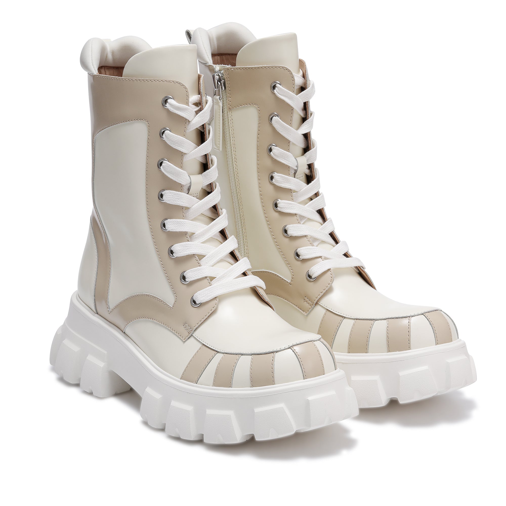 LOST IN ECHO White Leather Decorated Fake Two-pieces Thick-soled Martin Boots | MADA IN CHINA