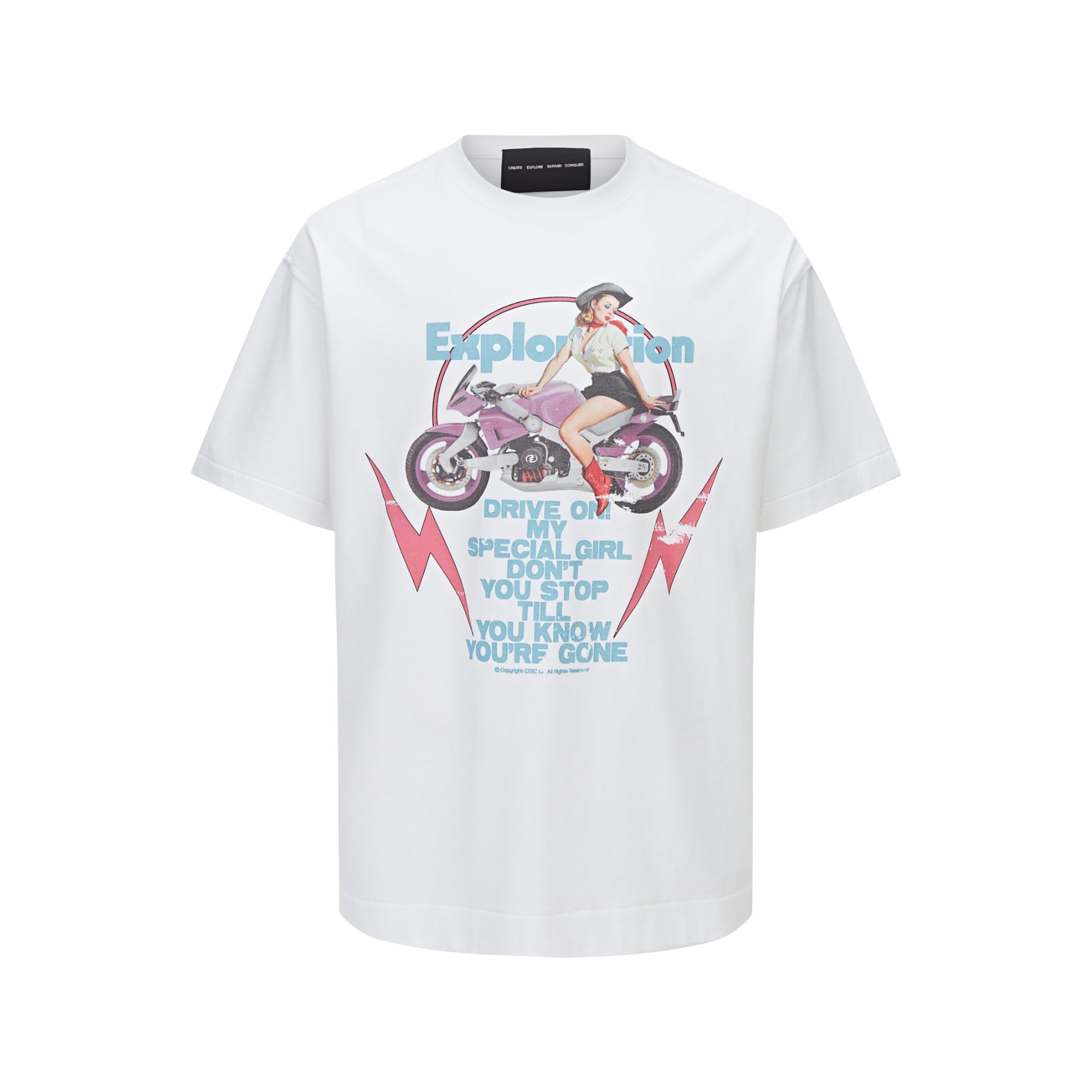 CEEC White Motorcycle Girl Print T-Shirt | MADA IN CHINA