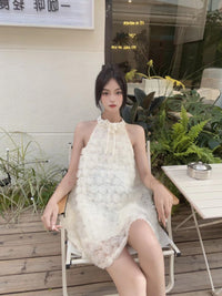 AIMME SPARROW White Pearl Flower Halter Dress | MADA IN CHINA