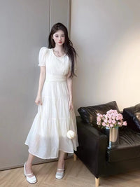 AIMME SPARROW White Ruffle Puff Sleeve Dress | MADA IN CHINA