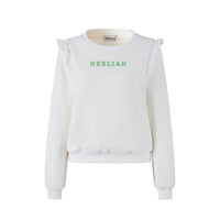 HERLIAN White Ruffled Shoulder Logo Print Sweater | MADA IN CHINA