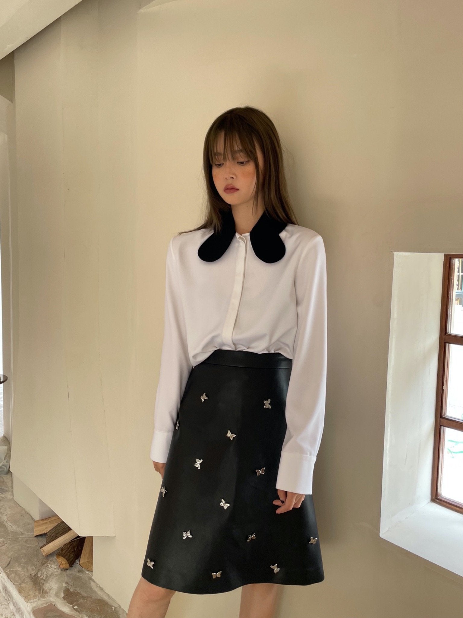 CALVIN LUO White Shirt with Black Butterfly Collar | MADA IN CHINA
