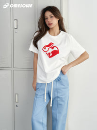 SOMESOWE White T-Shirt With Red Rabbit Embroidery | MADA IN CHINA