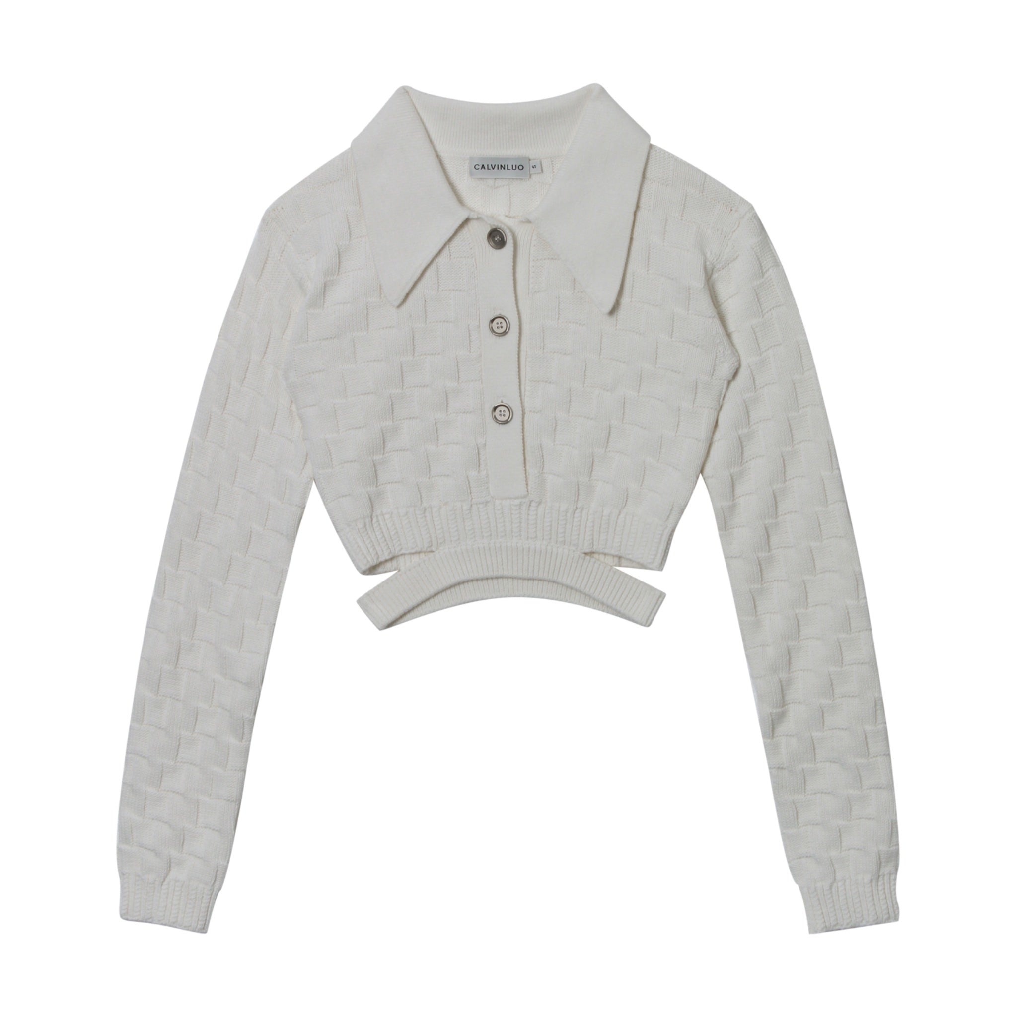 CALVIN LUO White Waist Deconstructed Shirt Collar Knit Top | MADA IN CHINA
