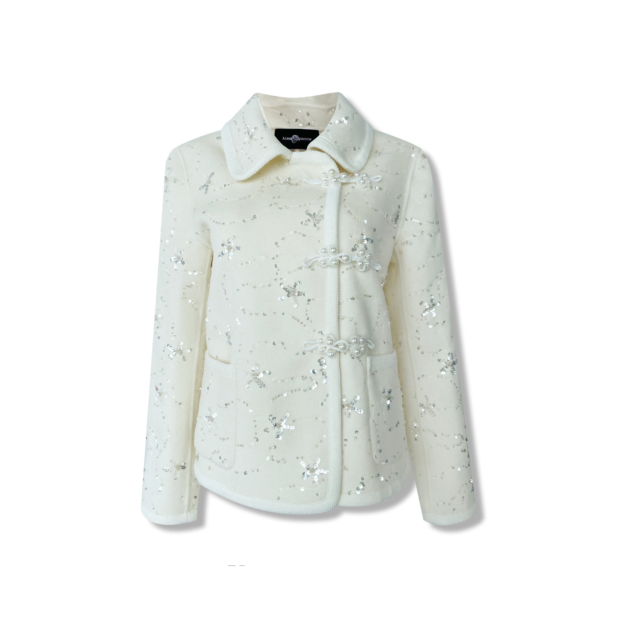 AIMME SPARROW White Wool Sequin Coat | MADA IN CHINA