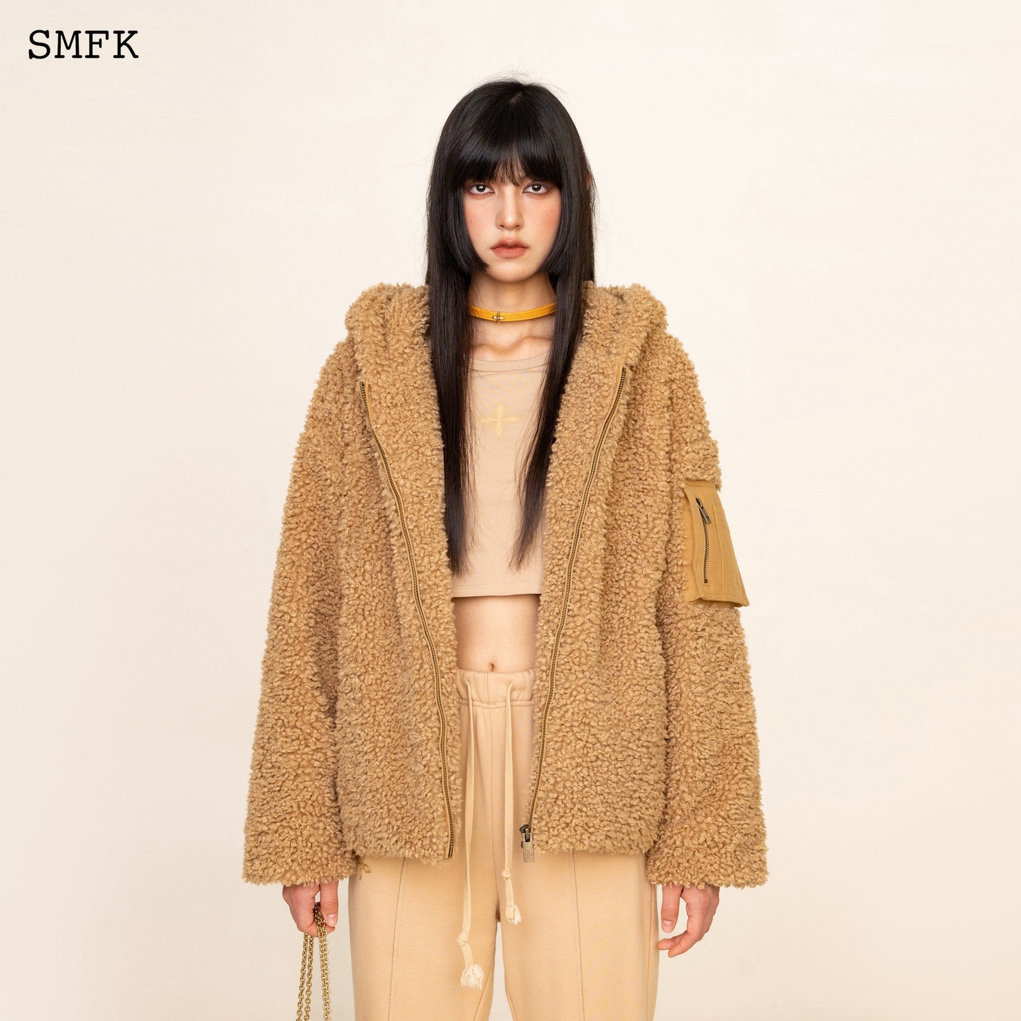 SMFK WildWorld Adventure Outdoor Faux Fur Hoodie In Wheat | MADA IN CHINA