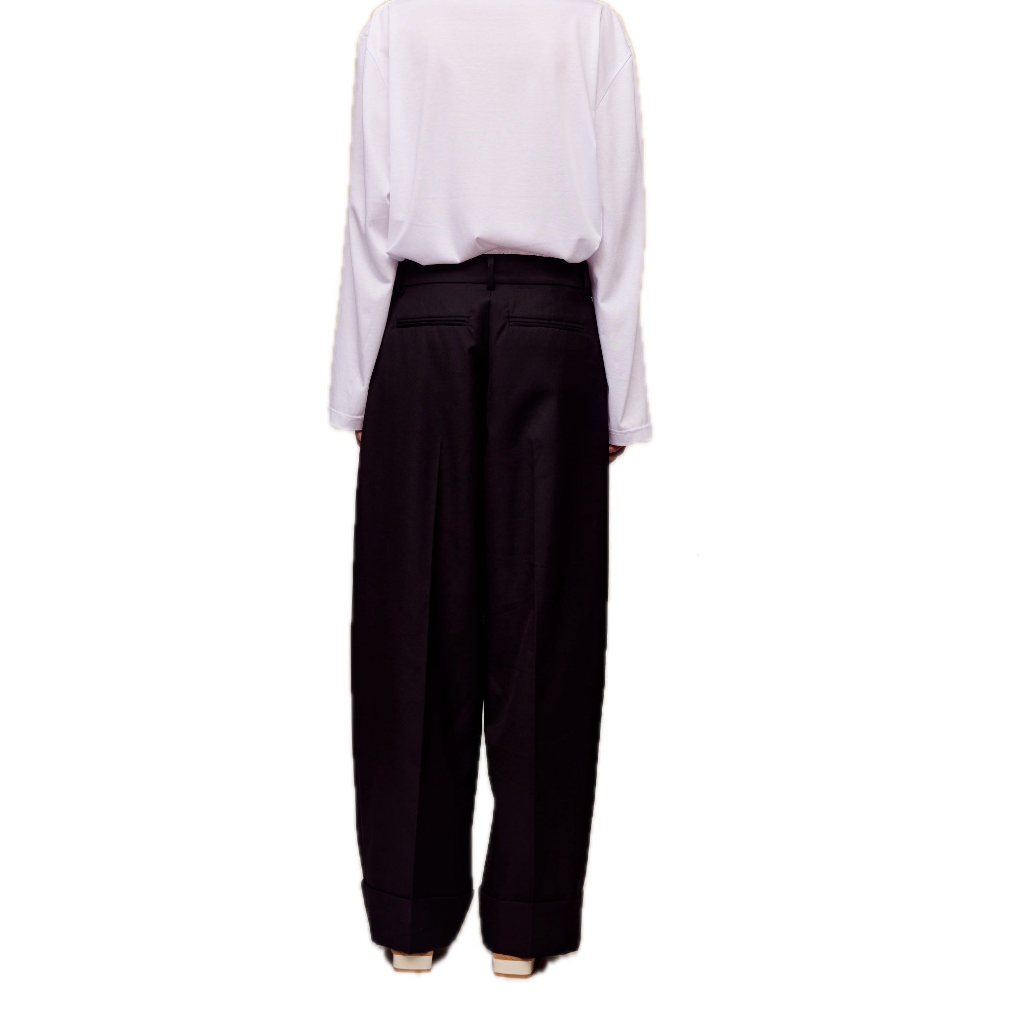 ilEWUOY Wool Double Waistband Paneled Black Trousers | MADA IN CHINA