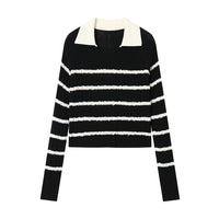 SOMESOWE Wool Small Lapel Striped Knit Top Black | MADA IN CHINA