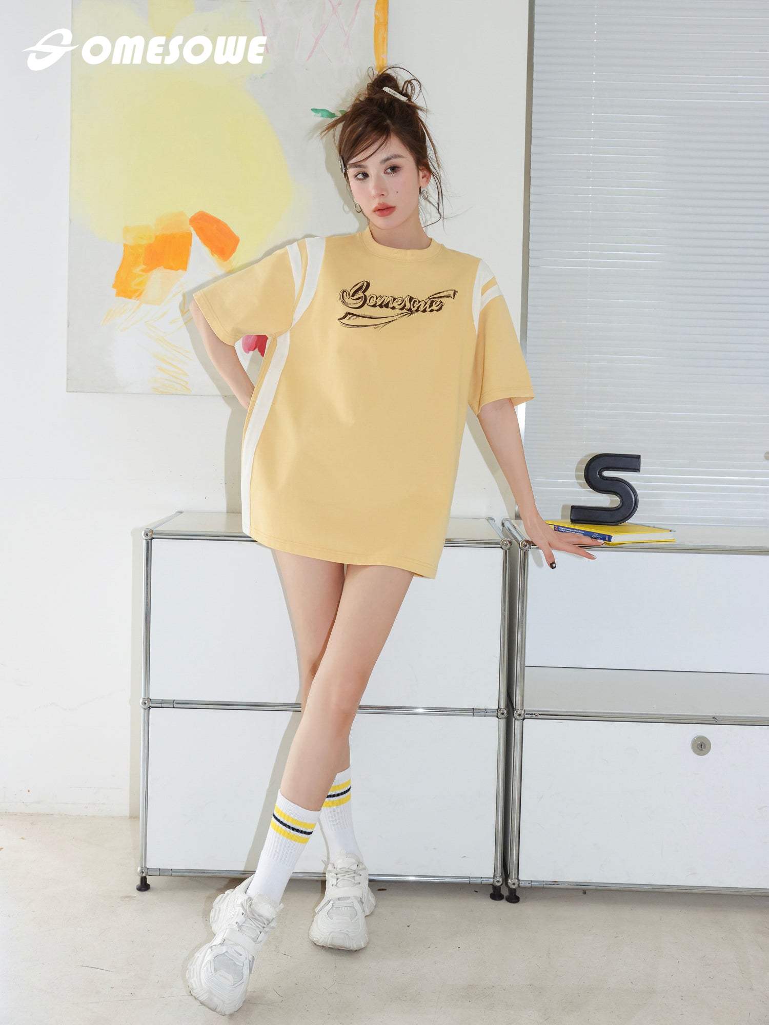 SOMESOWE Yellow And White Logo T-Shirt With Graffiti Prints | MADA IN CHINA