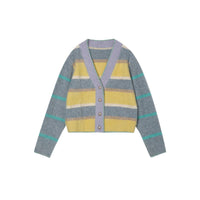 MEDIUM WELL Yellow Gray Brushed Striped Sweater Cardigan | MADA IN CHINA